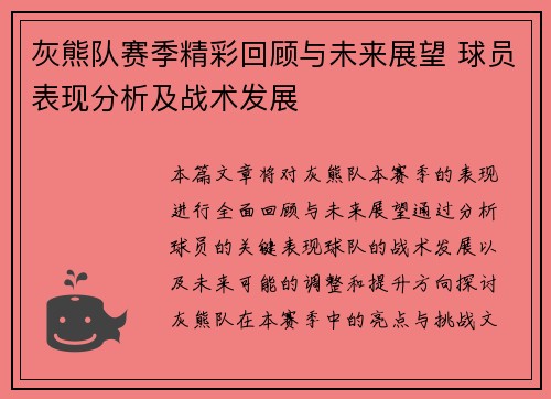 灰熊队赛季精彩回顾与未来展望 球员表现分析及战术发展